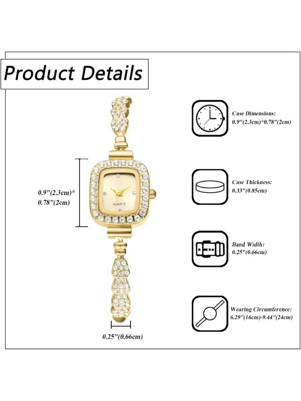 Women's Gold Analog Quartz Slim Strap Square Bracelet Rhinestones Wrist Watch